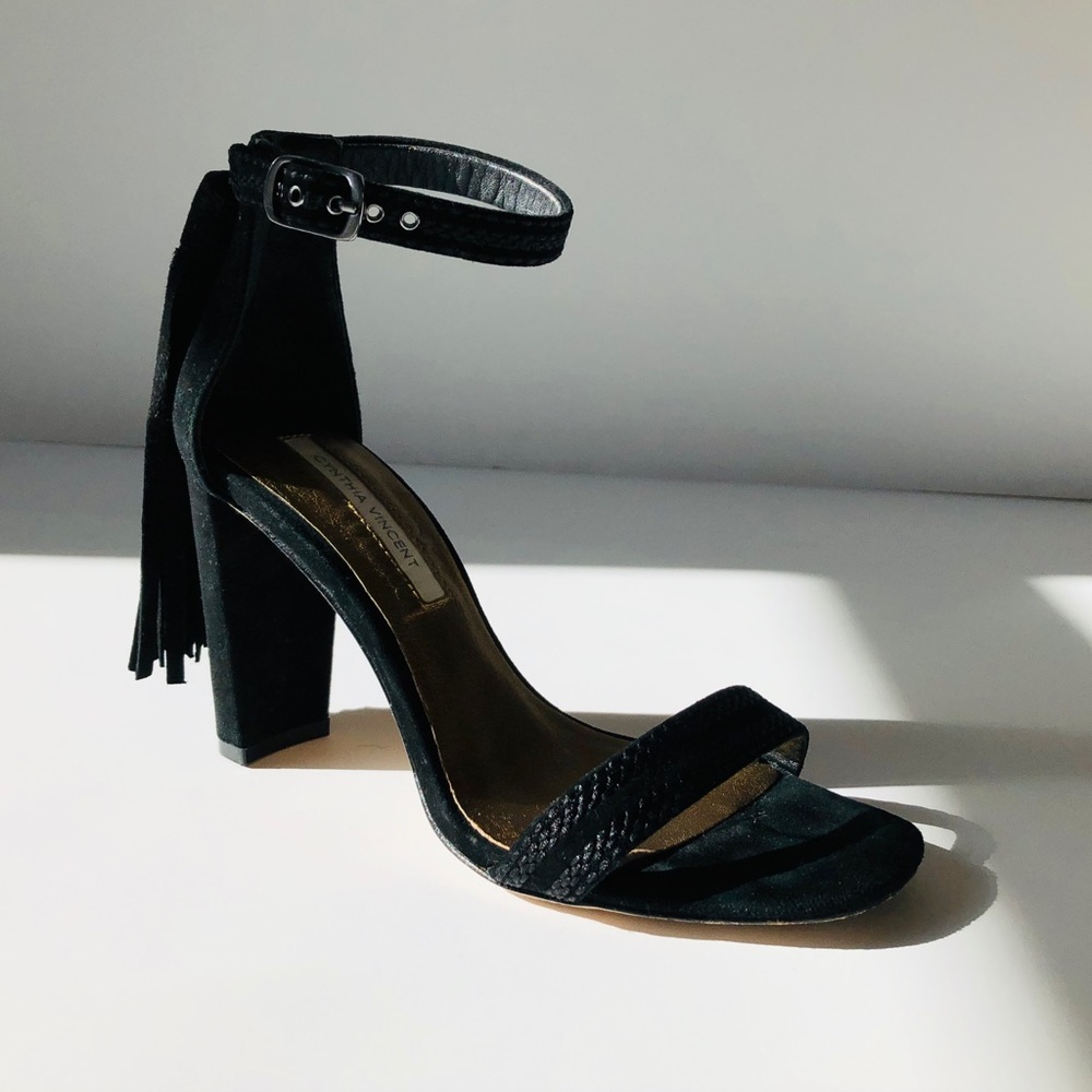 Cynthia Vincent Black Suede Block Heel Sandals - Picture 2 of 5
